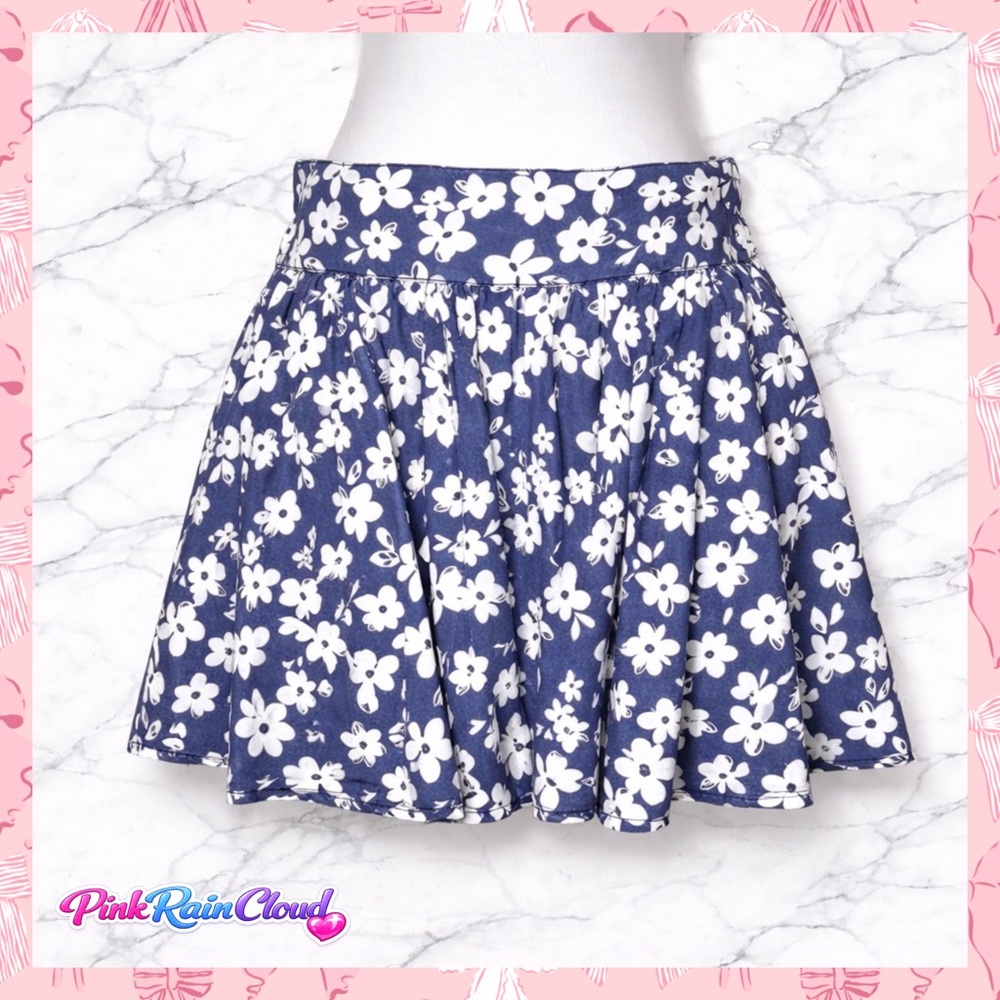 Chambray 90s Daisy Floral Blue White Skater Skirt Women’s S/M